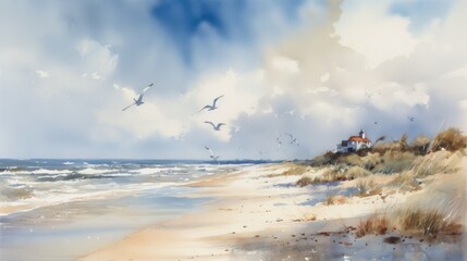 Canvas Print - Watercolor painting of an idyllic beach