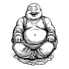 Sitting smiling Buddha isolated on white. Esoteric vintage line art illustration. Indian, Buddhism, spiritual art. Hippie tattoo, spirituality, Thai god, yoga zen, vector