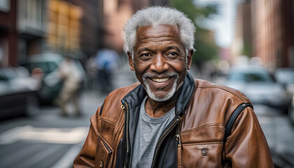 Old man outdoors in the city with copy space