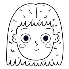 Wall Mural - Happy girl face emotion in outline. Calm little kid clipart in black and white for coloring. Emotional expression head close-up. Vector illustration