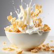 corn flakes with milk splash isolated on white. Made with generative ai
