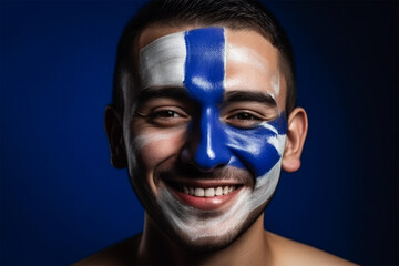 happy young man with a pattern on his face in the colors of the flag of El Salvador. 