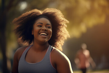 happy african woman, curvy, doing workout routine at city park