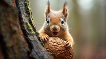 Squirrel On The Tree With A Nut Ai Generated