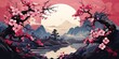 © AkimD - AI Generated. AI Generative. Vintage retro traditional Japanese Asian landscape background. Cherry blossom sakura tree flower mountain and outdoor nature minimal graphic art. Graphic Art