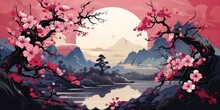 AI Generated. AI Generative. Vintage Retro Traditional Japanese Asian Landscape Background. Cherry Blossom Sakura Tree Flower Mountain And Outdoor Nature Minimal Graphic Art. Graphic Art