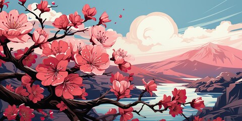 Wall Mural - AI Generated. AI Generative. Vintage retro traditional Japanese Asian landscape background. Cherry blossom sakura tree flower mountain and outdoor nature minimal graphic art. Graphic Art