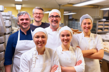 Happy bakery team with apprentices in training.