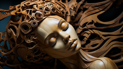 Wall Mural - The art of woodcarving, carved image of a woman's face. picture of art design. Generative AI.