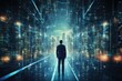 © itchaznong - Shot of man walking Data Center, Database, Data storage, Backup, Cyber security and futuristic concept. AI Generative