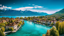 Aerial Cityscape Panorama Of Annecy: Historical Houses And Lake, France