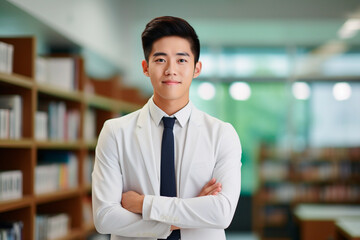 Wall Mural - Young Asian businessman standing in an office smiling confidently