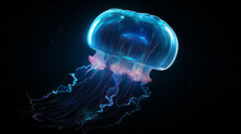 A Blue Jellyfish Floating In The Dark Water
