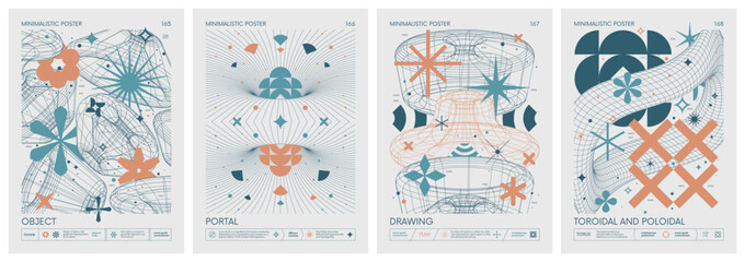 Futuristic retro vector color minimalistic Posters in pastel colors with 3d strange wireframes form graphic of geometrical shapes modern design inspired by brutalism and silhouette basic figures, set 