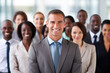 © Florian - A group of people in business attire. hey are standing in a row, with one person in the center wearing a gray suit and tie. The background is a modern office with large windows and a city view