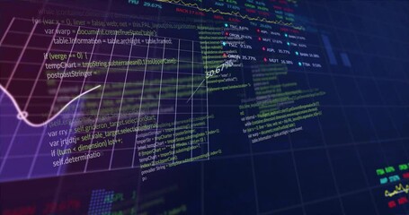 Animation of computer language, graphs and trading boards over black background