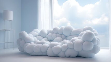 Wall Mural - Comfortable Blue Sofa Made From Puffy and Fluffy Clouds in a Living Room, Perfect Fusion of Imagination and Relaxation, Generative AI Illustration