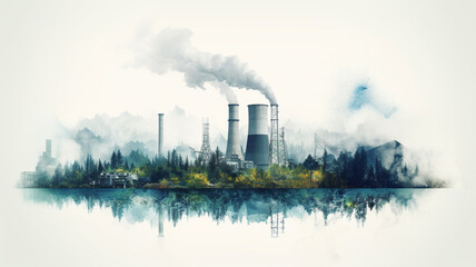  A coal-fired power station watercolor style. - global warming concept.