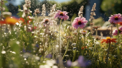 Wall Mural - flowers in the garden, water sprayed from a hose, generative AI