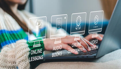Wall Mural - student use laptop technology internet learning and study online class technology network, e-learnin