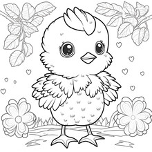 Spring Bird Isolated On White. Coloring Page For Kids. Baby Bird. Cartoon Style. AI Generated