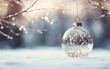 Close up of a Christmas bauble,  snowy background with copy space, Christmas banner