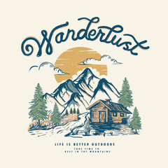 wanderlust women's outdoors vector prints, Montana nature rocks, Mountain graphic print vector design for t shirt, poster, sticker and others. Hand drawn and vector emblem designs. 
