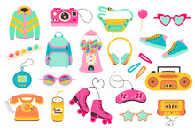 Retro 80s 90s Clipart Set. Cute Y2k Glamour Fashion Patches, Badges, Emblems, Stickers. Modern Flat Cartoon Style. Trendy Old School Collection.
