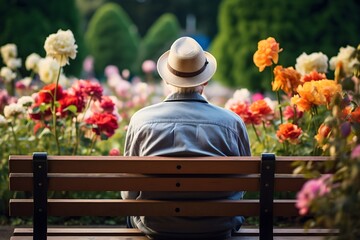 Wall Mural - Golden Solitude: An Elderly Individual Finding Peace in the Quiet of a Colorful Garden