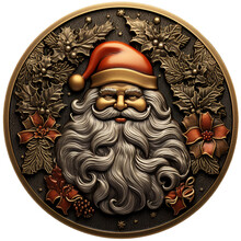 Christmas Santa Claus In Old Coin Illustration Style, Rustic Antique Gold Ornament, Santa Face With Holy Leaf Wreath, Engraved Metal Art