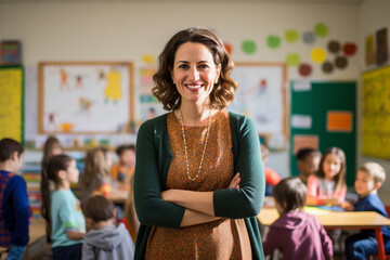 Wall Mural - Portrait of smiling teacher in a class at elementary school looking at camera with learning students on background