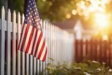 Small USA Flag On White Wooden Picket Fence, Patriotism And Holiday Concept. Generative AI