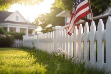 Small USA Flag On White Wooden Picket Fence, Patriotism And Holiday Concept. Generative AI