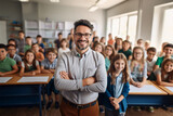 Fototapeta Desenie - Portrait of smiling male teacher in a class at elementary school looking at camera with learning students on background
