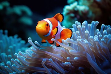 Wall Mural - Clownfish at the bottom of the sea among the corals. Generative AI