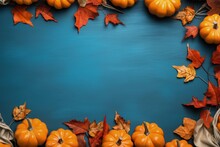 Blue Background With Pumpkins And Autumn Leaves, Thanksgiving Day Holiday Concept. Generative AI
