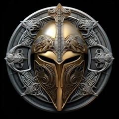 Wall Mural - Spartan emblem made of silver and golden details, black background. Generative AI