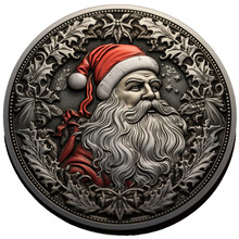 Christmas Santa Claus In Old Coin Illustration Style, Red Santa Claus Face, Floral Wreath Of Holy Leaf, Engraved Metal Art