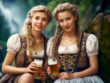 Two Woman Drinking Beer With Posing For Oktoberfest