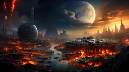 Wall Mural - An astronaut on an alien planet in front of the light of the space-time portal. exploration of the science fiction universe.
