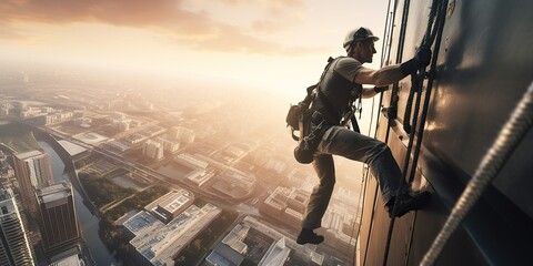 an industrial climber hangs at heights, skillfully and safely performing complex tasks on buildings 