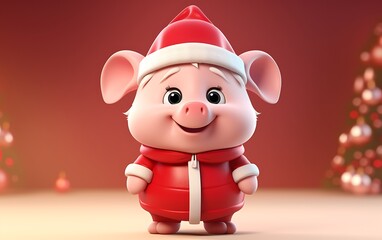 Cute and funny Pig with santa claus costume. Christmas animal background with copy space. Generative AI