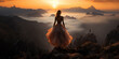 © IBEX.Media - Stunning woman in dress overlooking mountain sunset, Generative AI illustration