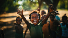 Extremely Happy African Boy With Water Bottle In Hand,. Generative AI Illustration