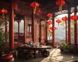 Traditional Chinese Tea House in top of the mountain, cozy and peaceful ambience, AI generative