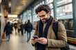 © © Ai Factory - Young man using smart phone while waiting for train at the station.