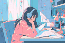 lofi music girl headphone read a book In room