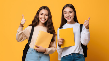 Wall Mural - Two Cheerful happy young girls students make fingers thumbs up smile isolated on yellow color background, holding books.Created with Generative AI technology.