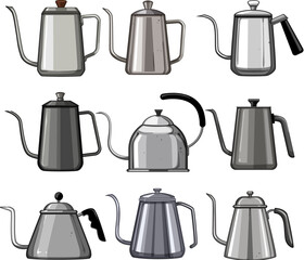 Canvas Print - steel drip kettle set cartoon. kitchen teapot, cup metal, stainless tea steel drip kettle sign. isolated symbol vector illustration