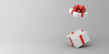 Blank White Present Box Open Or Gift Box With Red Ribbons And Bow Isolated On White Grey Background With Shadow And Blank Space Minimal Conceptual 3D Rendering